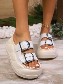 Dép xăng đan mùa hè thoải mái cho nữ - Thiết kế đế dày, Trang trí khóa kim loại, Phong cách tối giản, Cổ thấp hở mũi, Dép lê, Mùa hè thường ngày, Thích hợp cho hàng ngày và du lịch, Chất liệu EVA - trắng - Xem 3