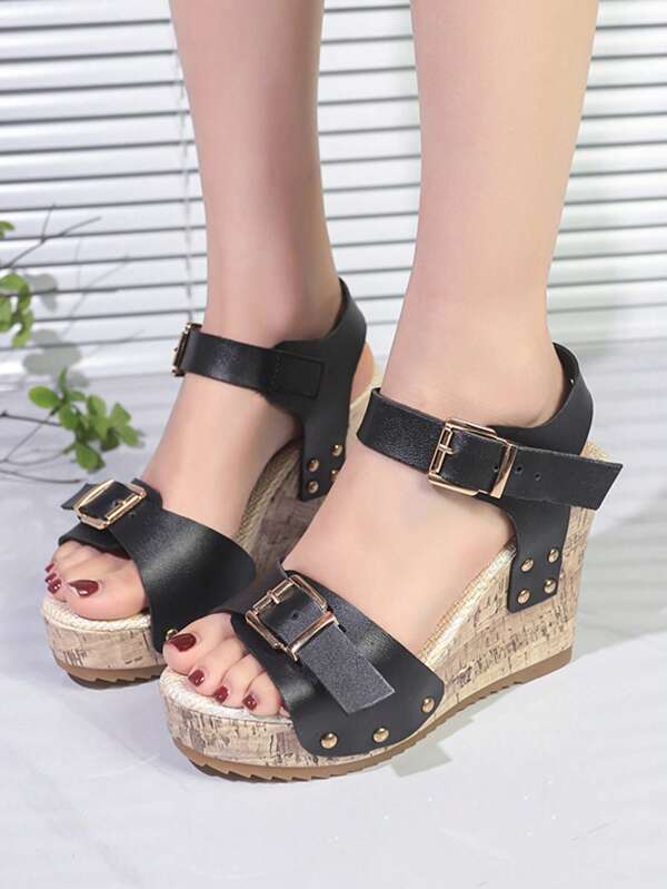 Women's Fashion Vintage Riveted Open Toe Sandals, Breathable Lining, Comfortable And Lightweight Platform Wedges