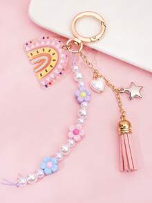1pc Rainbow Heart & Flower Beaded Tassel Keychain Bag Charm, Girls Holiday Gift (Bead Color Random) - Multicolor - View 3