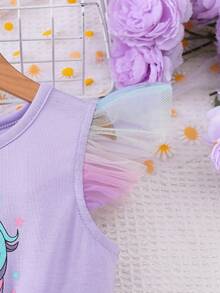 Young Girls' Spring/Summer Cartoon Unicorn Cap Sleeve Ombre Colorful Mesh Princess Dress, Cute & - Purple - View 5