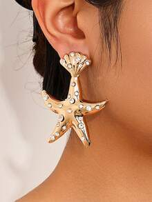 1 Pair Vintage Fashion Creative Metal Crystal Starfish & Shell Design Earrings For Women - Yellow Gold - View 1