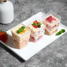 25/50/100pcs 5 Oz Plastic Dessert Cups , Yogurt Parfait For Party Appetizers, Mini Desserts, Mousse, Pudding, Fruit, Jelly Cheesecake And Ice Cream Square Plastic Cup Cheese Cake Cup - Transparent Cup+ Flat Lid - View 5