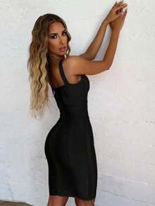 Summer Elegant Spaghetti Strap V Neck Short Bodycon Dress Women Ribbed Bandage Dress Sexy Black Night Out Cocktail Party Dress Clothes - Black - View 11