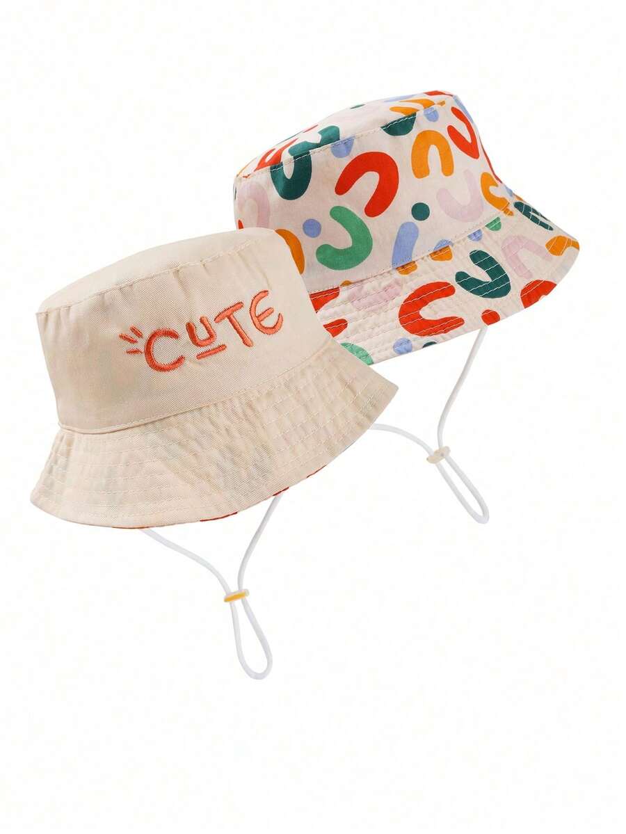 1pc Kids "Cute" Letter Print Reversible Bucket Hat, Unisex Daily Wear Sun Ion Bucket Hat - Beige - View 1