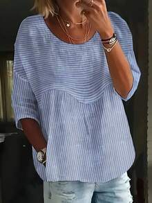 Plus Size Women Stripe Round Neck Drop Shoulder Loose Blouse Spring - Blue - View 3
