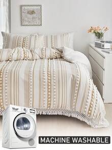 2/3pcs Khaki Fluffy Pom-Pom Tasseled Polyester Duvet Cover Set, Minimalist Bedding Set Suitable For All Seasons (1 Duvet Cover + 1/2 Pillowcase) - Khaki - View 5