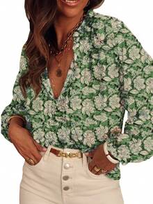 ASVIVID Women's Long Sleeve Floral Print Half Button V Neck With Shirt Collar 2025 New Item - 綠色 - 查看 3