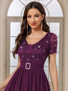 MIUSOL Deep V Neck Sequin Floral Lace Contrast Chiffon Pleated Hem Prom Party Swing Dress,For Birthday, Wedding Guest, Graduation Homecoming - Maroon - View 9