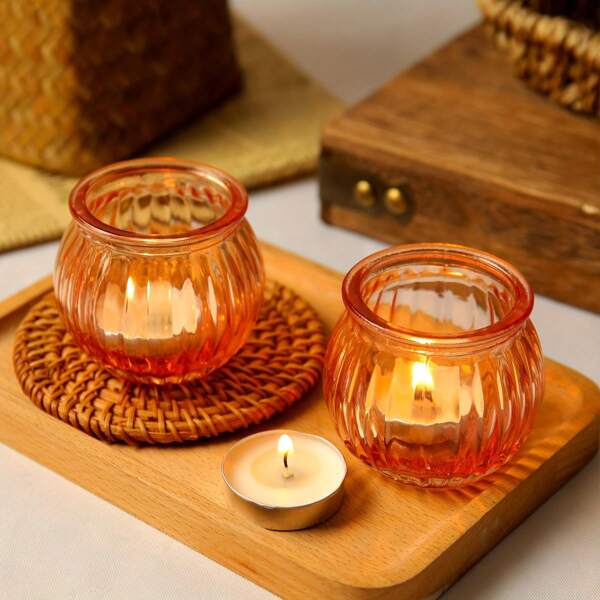6Pcs Pumpkin Tea Lights Candle Holders- Glass Votive Candle Holders For Tealights | Flameless Tea Candles, Small Candle Holders With Vintage Floral Design For Wedding, Fall Party, Christmas Decor