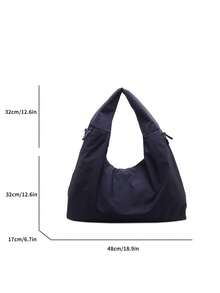 2025新款海军蓝尼龙布包大容量纯色单肩包日韩休闲风大学生手提包百搭简约轻便可折叠侧边双拉链口袋时尚实用通勤旅行手提包 - 藏蓝色 - 查看 8