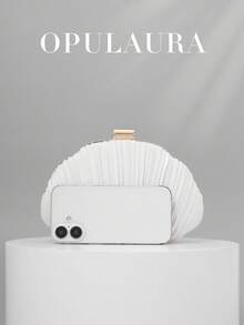 OpulAura 女士优雅/奢华褶皱缎面盒形手拿包、浪漫婚礼钱包、迷人/精致晚礼服包、简约白色盒形手提包，配有可拆卸链条，适合作为节日礼物 - 白色 - 查看 6