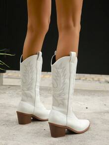 Tropiscape 女士中筒高跟刺绣粗跟V型开口时尚户外派对西部牛仔靴万圣节 - 白色 - 查看 10