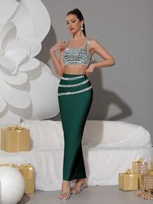 Modphy New Sparkling Rhinestone Camisole + Long Skirt Sexy Two Pieces Set, Elegant Women's Holiday Party Bandage Outfit - Dark Green - View 4