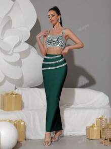 Modphy New Sparkly Rhinestone Strap Top + Long Skirt Sexy 2 Pieces Set, Elegant Ladies Party Holiday Outfit