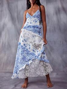Summer Boho Maxi Dresses For Women Casual Y2k Floral Print Sleeveless Lace Patchwork Backless Ruffles Long Dress Spaghtti Strap Sling Dress Beach Vacation Sundress Streetwear Flowy Swing Dress - 藍色 - 查看 3