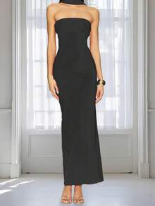 Women's Summer Long Tube Dress Solid Color Strapless Ruched Slit Hem Backless Bodycon Dress With Scarf - 黑色 - 查看 3