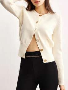 女士优雅休闲针织开衫，时尚通勤开衫，前襟纽扣设计，纯色简约百搭针织开衫，复古风，返校季，女士街头服饰，新年，情人节