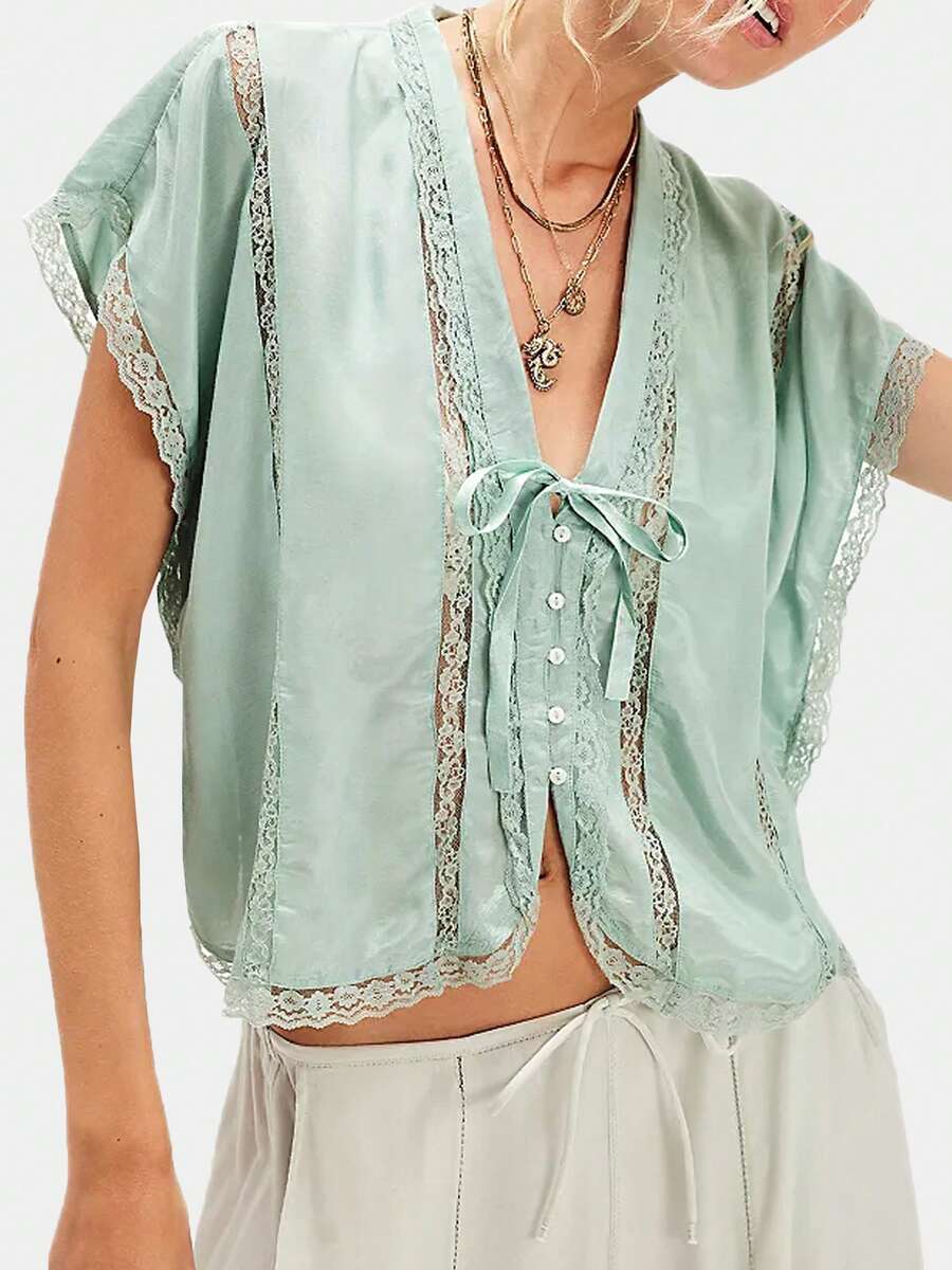 Women Summer Boho Tie Front Tank Top Lace Beach Vacation Y2k Coquette Button Down Short Sleeve Blouse Low Cut V-Neck Flowy Peplum Shirt Crop Tops Going Out Tops - 綠色 - 查看 1
