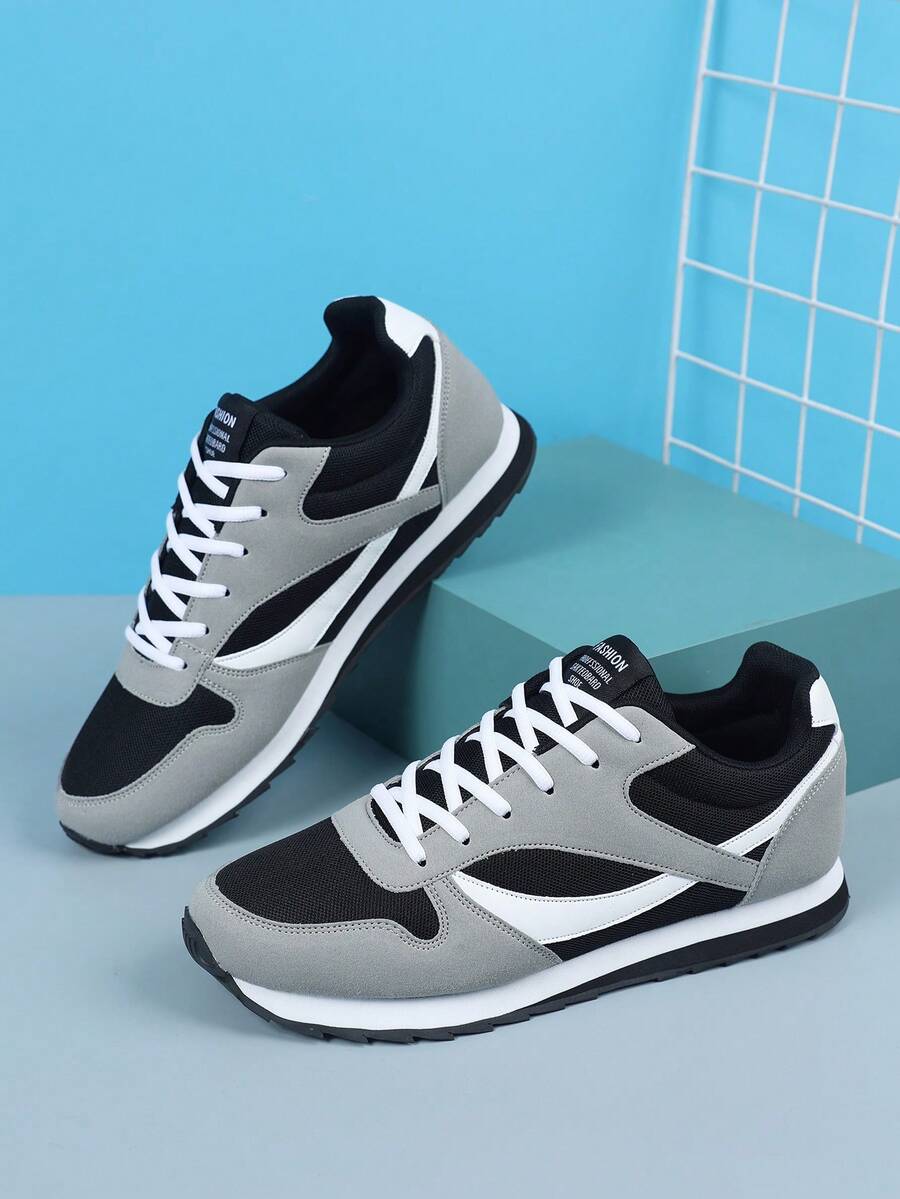 男士复古平底圆头系带字母图案休闲鞋，透气大码情侣鞋，柔软防滑鞋底，四季皆宜，舒适训练平底学生鞋，防滑鞋底，透气柔软网布和绒面革 - 彩色 - 查看 1