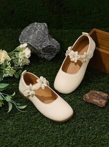 1 Pair Girls Adjustable Floral Design Flat Shoes, Round Toe, TPR Anti-Slip Sole, Comfortable & Lightweight, Suitable For 5-14 Years Old Girls, For School, Party, Dance And Casual Wear, All Seasons