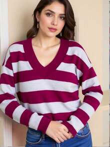 TRICOZHU Knitted Long Sleeve Striped Blouse V-Neck Striped V-Neck Blouse Polyester With Elastane Ribbed Collar And Cuff ONE SIZE 36-44 - 酒紅色 - 查看 2