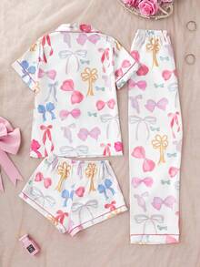 Set de 3 piezas de pijama con shorts y pantalones de mujer con bolsillo y estampado de lazo, apto para primavera, verano y otoño - Multicolor - Ver 2