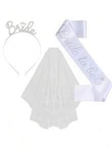 3pcs/Set-Wedding Bridal Veil & Ribbon & Headband,Bride-To-Be Party Set With Stylish Sash,Perfect For Bachelorette & Bridal Shower Decor