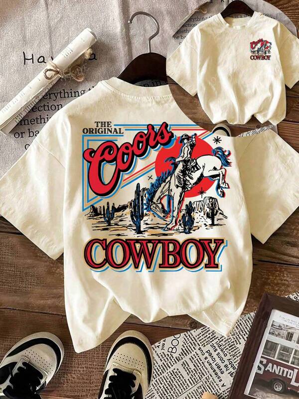 Plus Size Western Cowboy Print T Shirt Casual Comfy Crew Neck