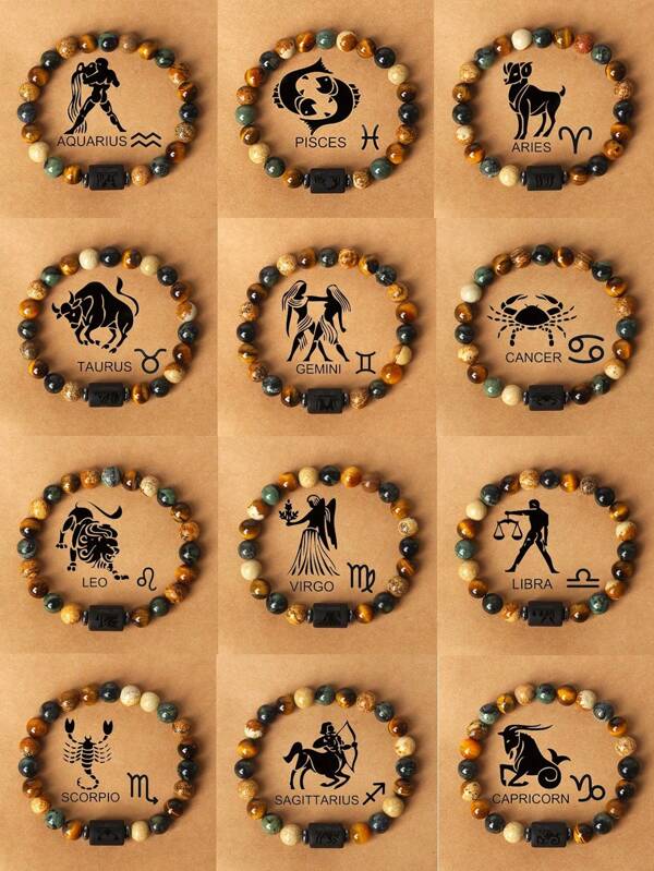 Pulseira com pingente de constelação de 12 signos do zodíaco, pulseira feminina de olho de tigre para casal, Sagitário, Aquário, Leão, joia de amizade