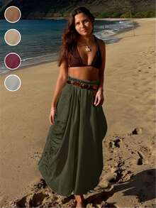Women's Casual Boho Drawstring Pocket Loose Bohemian Skirt, Vacation Outfits - Army Green - View 6
