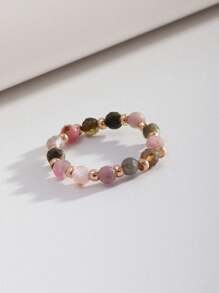 1pc European Style Jewelry, Natural Beryl Carved Beaded Elastic Ring For Women