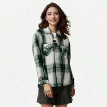 Camisas de manga larga de mujer a cuadros de lana, camisas de pareja, chaquetas blusas de mujer de primavera y otoño. - Azul y blanco - Ver 3