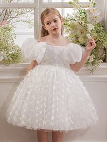 Young Girl Elegant Puff Sleeve Dress, Multi-Color Bow Tulle Princess Dress, Suitable For Girls' Birthday Party, Wedding, Bridesmaid, Holiday Occasions - White - View 7