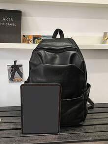 1pc Casual Minimalist Backpack, Large Capacity Multi-Pocket PU Soft Surface Design, Suitable For Short Trip Outdoor For Men - Black - View 11