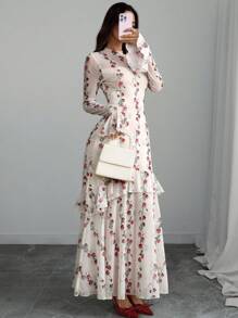 Damen elegantes, sexy französisches romantisches Kleid mit Rüschen-Blumen-Ärmeln, doppelter Lage und asymmetrischer Rüschenborte