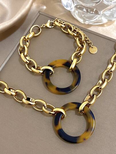 2pcs/1Pc 18K Gold Plated Stainless Steel Elegant Chain Necklace & Bracelet Set With Tortoise Shell Acrylic Circle For Women Girls, Mom Gift Christmas Thanksgiving Halloween Wedding Rave/Prom/Party/Daily/Beach Accessories Boho Chunky Autumn Winter Jewelry Gift For Anniversary Valentine's Day Birthday