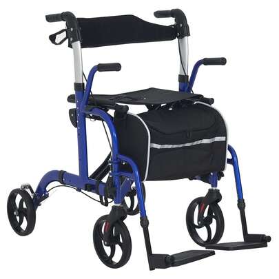 HOMCOM 2 In 1 Wheelchair Transport Chair & Folding Rollator Walker With Seat, Backrest, Footrest, Lightweight Walking Frame With Bag, Adjustable Height, 4 Wheeled Walker For Seniors, Pearl Blue