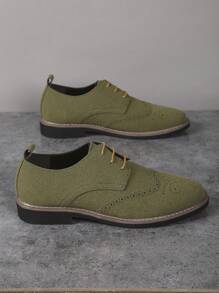 Men's Matte Lightweight Brogue Decorative Round Toe Low Top Lace-Up Low Heel Casual Leather Shoes, Youth Student Everyday Wear, All Season