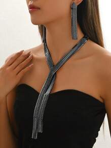3 pièces Ensemble de collier et boucles d'oreilles en forme de Y, élégant et exagéré, polyvalent, style européen et américain pour soirée