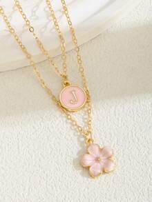 2pcs/Set Fashionable Delicate Sweet Five-Petal Flower & Letter Double Layer Necklace, Suitable For Girls Beach Vacation, Choker Necklace, Can Be Birthday Gift For Family And Friends - Pink - View 4