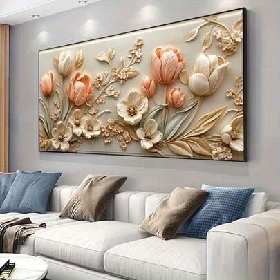 Large Frameless Modern Tulip And Floral Canvas Wall Art,White, Pink, Green, Brown & Orange Flower Design For Living Room Or Bedroom Decor, Elegant Home Decor Sophisticated Style Warm Color Palette, Flower Decor