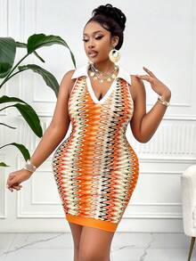 大码 V 领翻领彩色条纹无袖紧身连衣裙（随机印花）