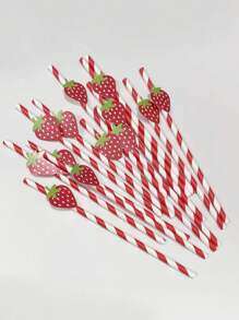 6pcs/Set Paper Straws, Red/Pink, Cute Shapes For Milkshake Juice Boba Tea, Birthday Party Supplies, Creative Paper Strawberry Drink Straw Decor For Cake Desserts