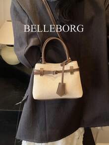 BELLEBORG 高品质休闲拼色复古帆布皮革扣托特包手提包，适合通勤女性 - 咖啡 - 查看 10
