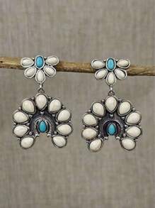 1 paio di orecchini alla moda vintage stile boho con contrasto di colore tra turchese scuro e bianco, per donne