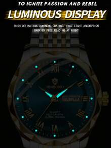 1pc Men's Rust-Proof 316 Stainless Steel Gold Plated Wire Green Black Dial 50m Waterproof Watch - Luminous Hands, English Calendar Date Precise Timekeeping Imported Quartz Movement From Japan High-Quality Luxury For Sport & Outdoor | US & Middle East Style Gift Father Husband Birthday Holiday Gifts