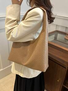 1 件女士纯色 PU 皮革时尚大容量单肩包，适合日常使用 - 卡其色 - 查看 4