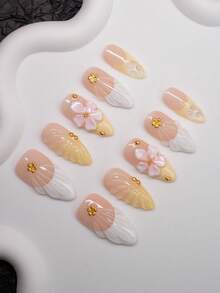 Uñas postizas hechas a mano con forma de almendra, estilo Y2K baddie, en colores blanco, nude y amarillo con puntas francesas, elementos de flores y cuentas, brillantes, 10 piezas/paquete con 3 opciones de tamaño, adecuadas para fiestas, bodas y uso diario, con kit de herramientas, gran regalo para mujeres y niñas. Uñas postizas y suministros para uñas - Multicolor - Ver 1