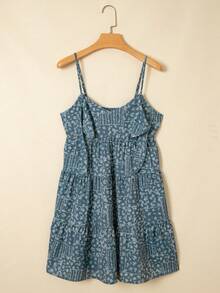 夏季花卉印花蝴蝶夹 V 领修身肩带度假风格迷你高腰连衣裙 - 藍色 - 查看 4