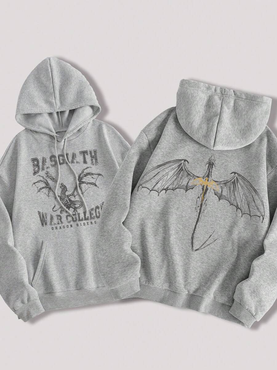 女士休闲第四翼印花连帽长袖运动衫 - 灰色 - 查看 1